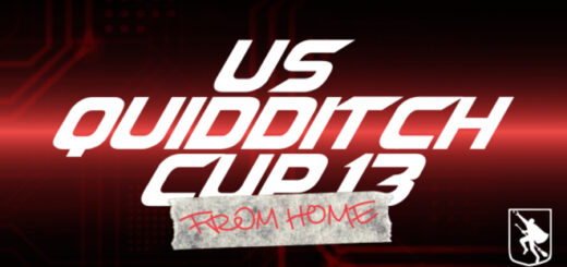 The logo for US Quidditch Cup 13: FROM HOME is displayed, featuring "US Quidditch Cup 13" in white text against a red background. "FROM HOME" is shown on a piece of tape in front of the lower portion of "Cup 13."