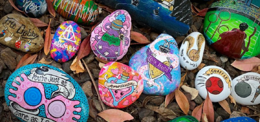 An assortment of painted rocks are arranged on a garden patch. They are painted with Harry Potter thins like Hedwig, Luna's goggles, Hogwarts at night, Harry hovering over a Quidditch pitch on a broomstick, spells, the Platform 9 and 3/4 sign, etc.