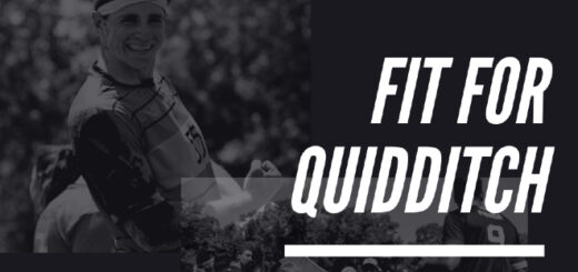 A black-and-white photo of a quidditch player is shown against a black background. To the right, “Fit for Quidditch” is displayed in a white font in all capital letters.