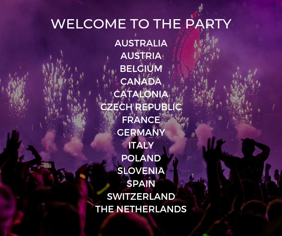 An image shows the silhouettes of concert attendees with fireworks in the background of the image. The text, in all capital letters reads, “Welcome to the party,” followed by the list of participating national governing bodies. In order, they are: Australia, Austria, Belgium, Canada, Catalonia, Czech Republic, France, Germany, Italy, Poland, Slovenia, Spain, Switzerland, and the Netherlands.