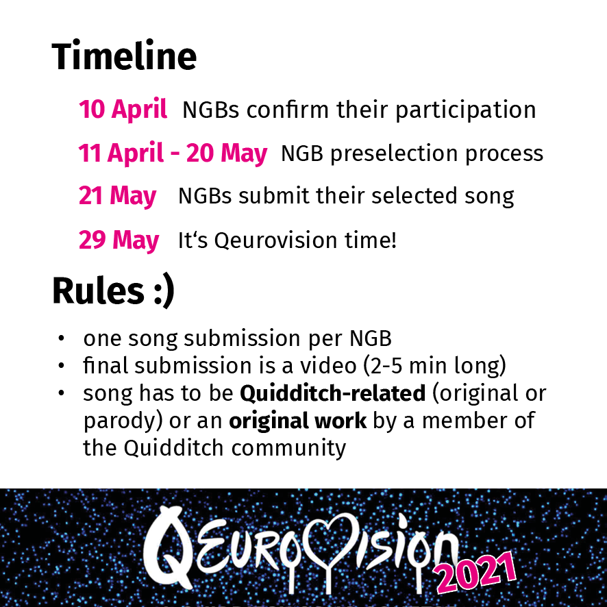 A timeline for Qeurovision 2021 is shown with the dates given in pink. Under the timeline, the rules for submissions are given. The logo for Qeurovision 2021 is also displayed beneath the content.