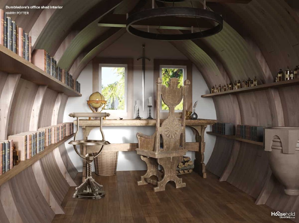 A round shed interior is pictured with a wooden throne-like chair, a pensieve, a sword on the wall, books lining the walls, and a nice woody feel.