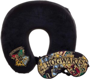 The Harry Potter Hogwarts Travel Pillow and Sleep Mask is pictured as sold on Amazon.