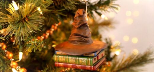 A sorting hat perched on books is pictured as an ornament on a Christmas tree.