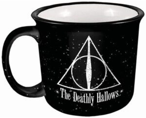 The Spoontiques Harry Potter Deathly Hallows Camper Mug, 14 ounces, Black is pictured as sold on Amazon.