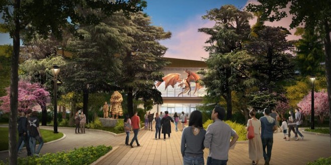 A mock-up image of the entry plaza to Warner Bros. Studio Tour Tokyo. It shows visitors entering the attraction through a landscaped garden area.