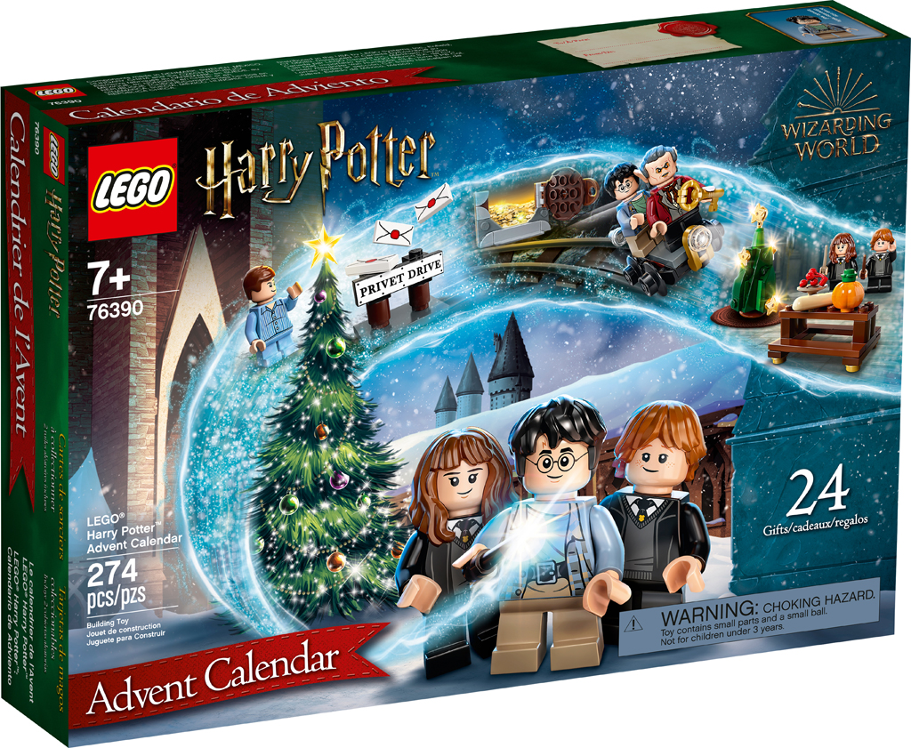 The box for LEGO Harry Potter 2021 Advent Calendar shows minifigures of Harry, Ron, and Hermione standing in front of a Christmas tree.