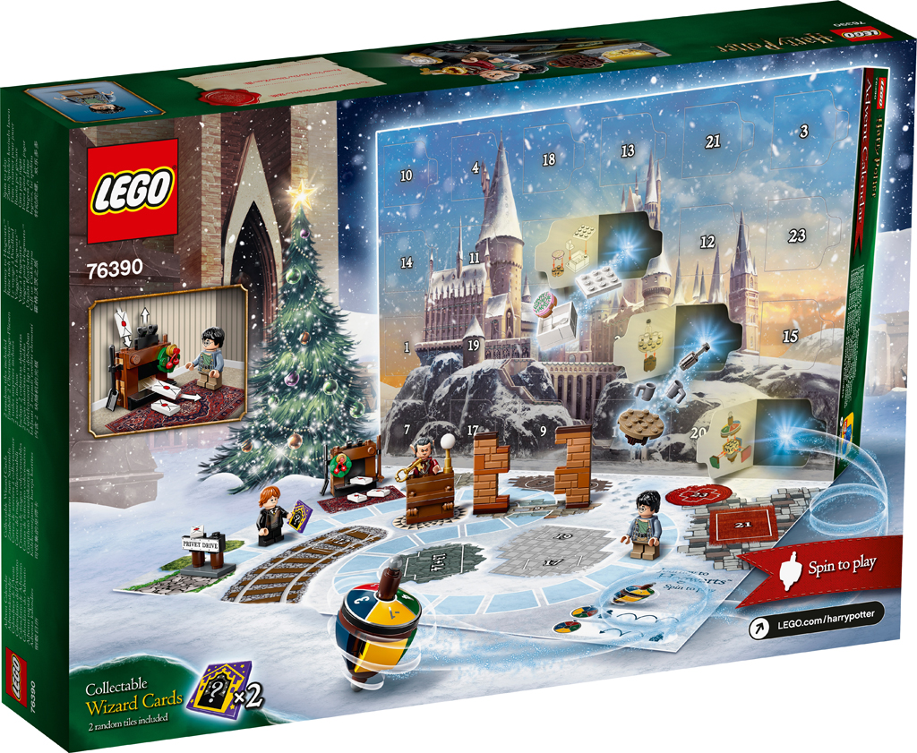 Some of the items included in the LEGO Harry Potter 2021 Advent Calendar are pictured, including a colourful spinning top used for playing the board game printed on the box.