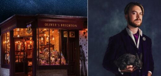 Left: the facade of a cool Harry Potter shop front, Right: Oliver Dall pictured in elegant wizard clothes and with a rabbit.