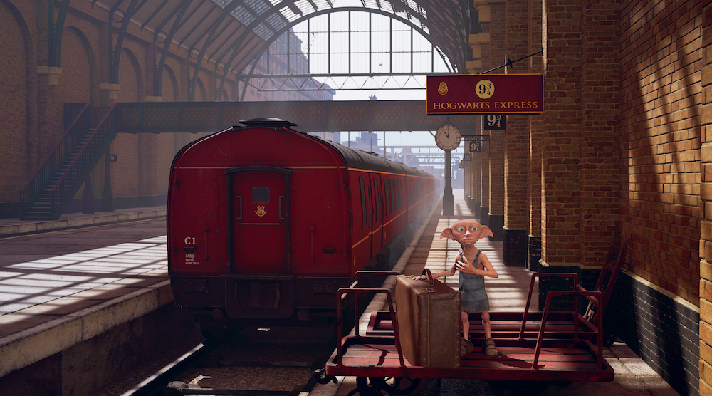 An image from the "Chaos at Hogwarts" VR experience showing Dobby standing on Platform 9 3/4.