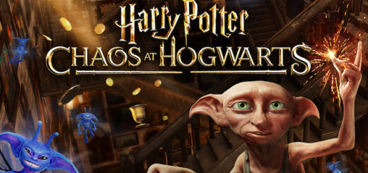 A promotional image for the "Chaos at Hogwarts" virtual reality experience with Dobby clicking his fingers and magical creatures in the background.