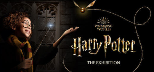 A promotional image for "Harry Potter: The Exhibition" featuring a young child reaching out for a Golden Snitch.