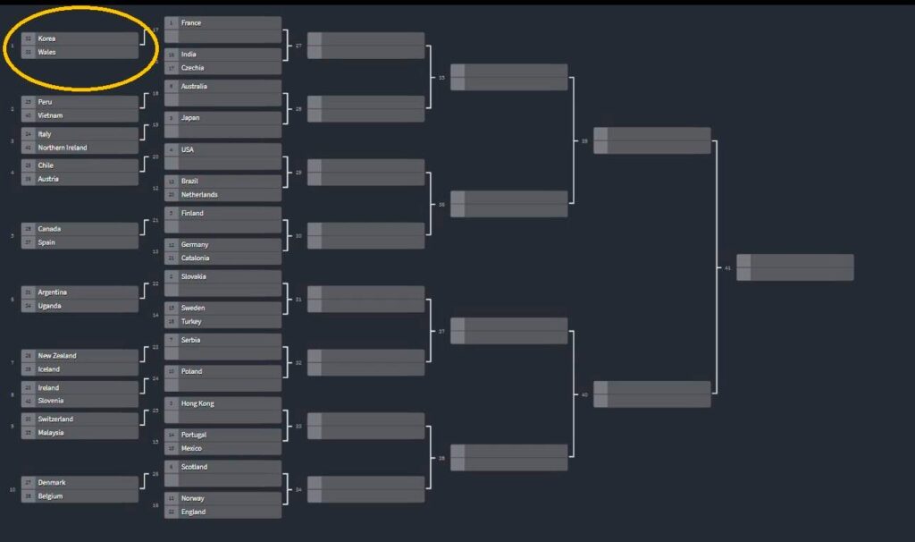 A bracket showing the teams in the hypothetical IQA World Cup is pictured. The first round, between Korea and Wales, is circled in yellow.