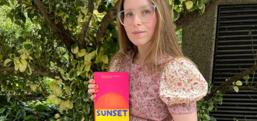 Jessie Cave (Lavender Brown) is pictured holding a copy of her debut novel, "Sunset," available now.