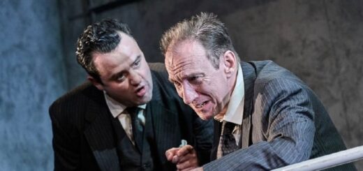 David Thewlis is grappling with tense emotions as Daniel Mays looms over him on stage in The Dumb Waiter.