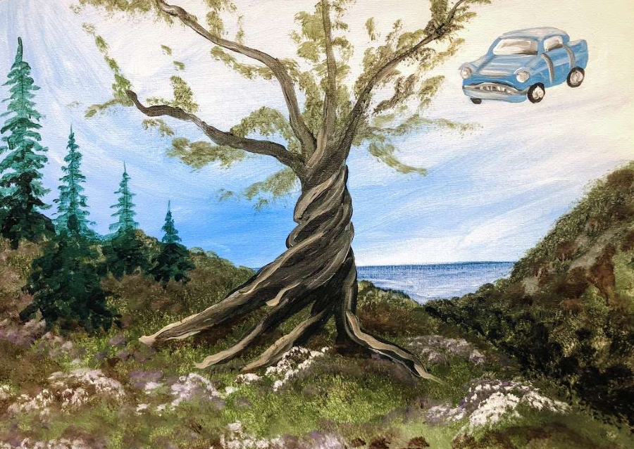 Portrait of the Whomping Willow and the Weasley's car from Pinot's Pallette.
