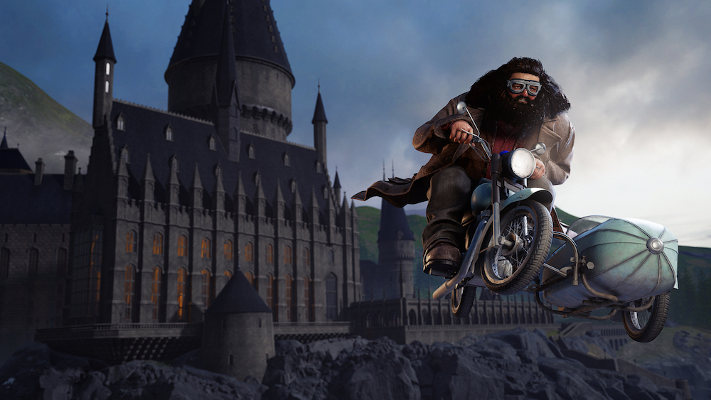 An image from the "Wizards Take Flight" VR experience showing Hagrid flying away from Hogwarts Castle.