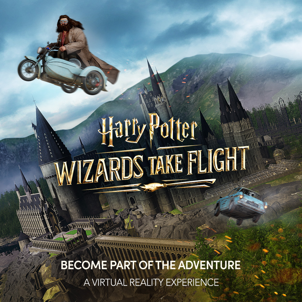 A promotional image for the "Wizards Take Flight" virtual reality experience with Hagrid flying away from Hogwarts Castle.