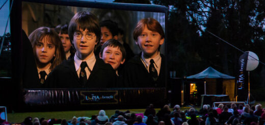 A crowd of people are watching a Harry Potter film on a large screen in Alnwick Castle, Northumberland, England