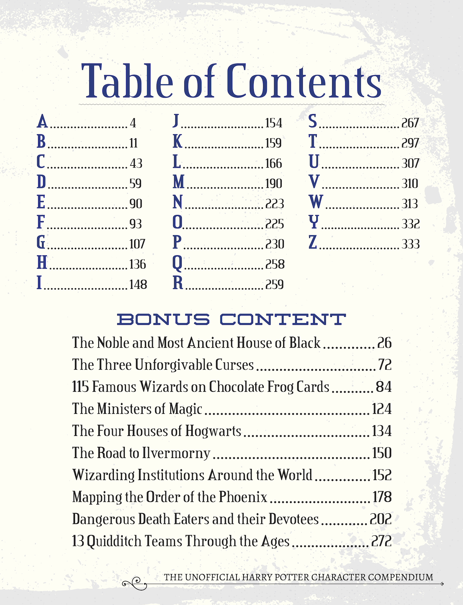 “The Unofficial Harry Potter Character Compendium” table of contents