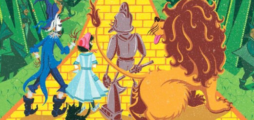 Dorothy and friends on the yellow brick road facing the Emerald City