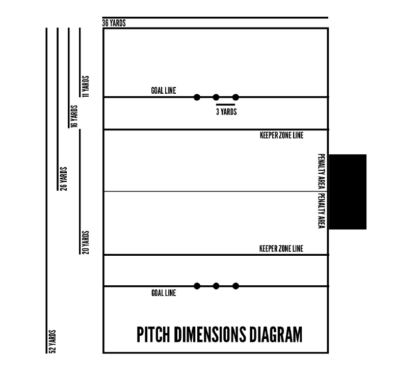 There is a infographic with diagram of a Muggle quidditch pitch and its sizes.