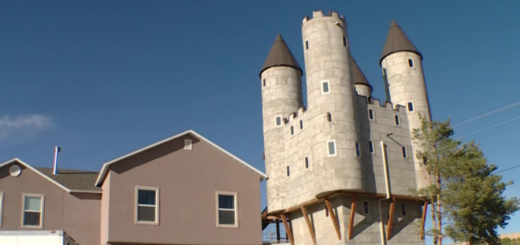 Wade Poulson's castle playhouse is shown as photographed by local news channel KSL. The castle itself towers over Poulson's two-story home.
