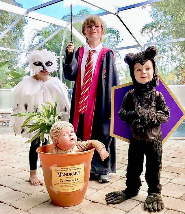A group of children stand together, dressed as a baby potted Mandrake, Hedwig, Harry Potter, and a Chocolate frog