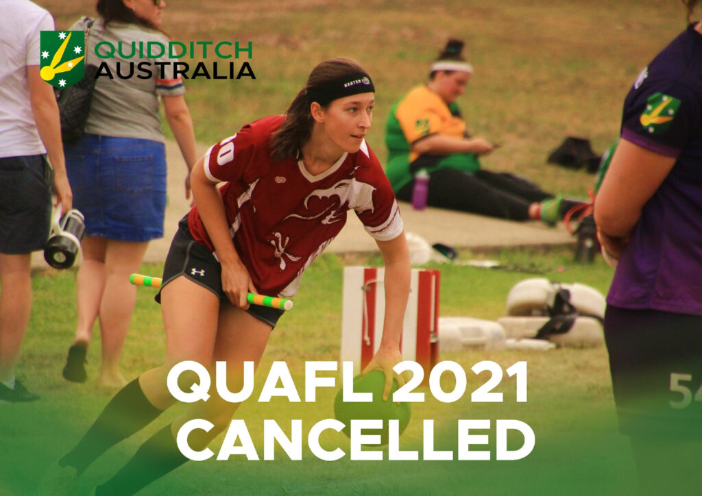 The is an infographic with white text reading, "QUAFL 2021 Cancelled" on the background photo of a female beater in a red jersey.