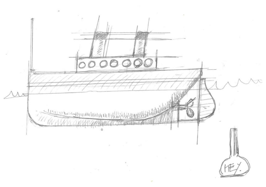 Robbie Coltrane shares a measurement sketch of a real-life antique clockwork ship that he restored himself.