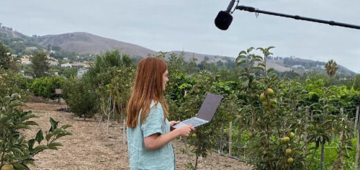 Bonnie Wright in an orchard recording.