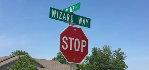 Green street signs for the intersection of Wizard Way and Potter Drive in Lawrence, Wisconsin, are shown above a red stop sign. Photograph by Paul Srubas/USA TODAY NETWORK - Wisconsin