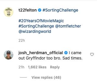 A screenshot of a comment from Josh Herdman (Gregory Goyle) left on Tom Felton's Instagram post.