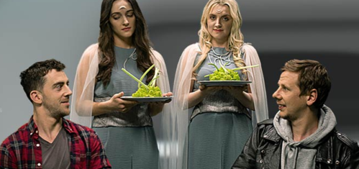 The cast of "You Eat Other Animals?" appears in a still. Evanna Lynch (Luna Lovegood) is second from the right.