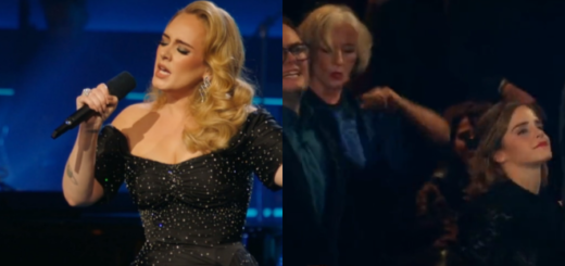 A photograph of Adele performing during "An Evening with Adele" is shown at the left, while a shot of the audience in which Dame Emma Thompson (Professor Trelawney) and Emma Watson (Hermione Granger) can be seen dancing is at the right.