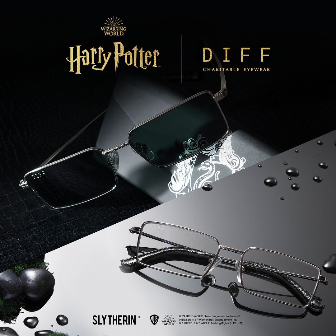 Slytherins get a simple pair of silver rectangular glasses with a snake-skin pattern on the temple and bridge.