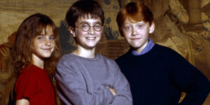 Emma Watson (Hermione Granger), Daniel Radcliffe (Harry Potter), and Rupert Grint (Ron Weasley)