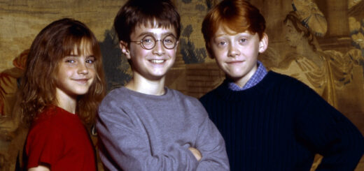 Emma Watson (Hermione Granger), Daniel Radcliffe (Harry Potter), and Rupert Grint (Ron Weasley)