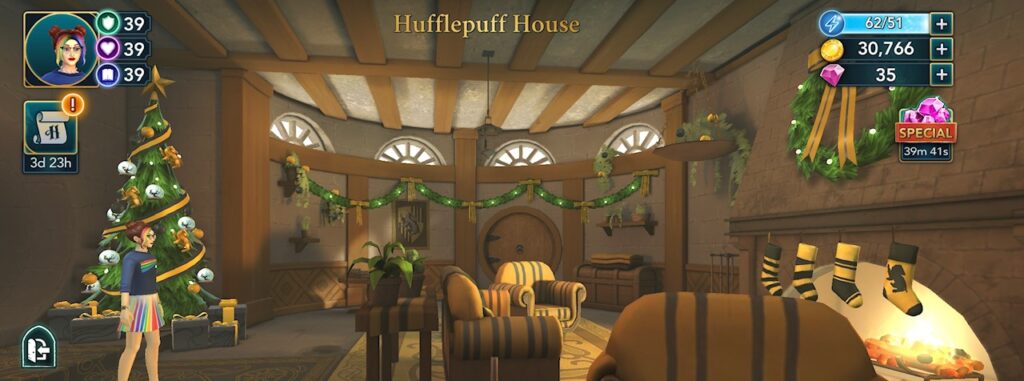 Hufflepuff common room decorated for Christmas in "Harry Potter: Hogwarts Mystery"