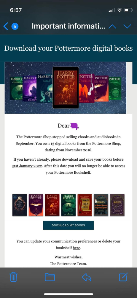 An email sent to a user who had purchased books on Pottermore Bookshelf is shown, mentioning that the user must download their books if they wish to access them and that Pottermore Bookshelf will not be available after January 31, 2022.