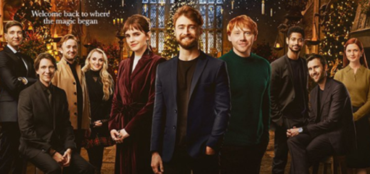 The poster for "Harry Potter 20th Anniversary: Return to Hogwarts" is shown. From left to right are Oliver Phelps (George Weasley), James Phelps (Fred Weasley), Tom Felton (Draco Malfoy), Evanna Lynch (Luna Lovegood), Emma Watson (Hermione Granger), Daniel Radcliffe (Harry Potter), Rupert Grint (Ron Weasley), Alfred Enoch (Dean Thomas), Matthew Lewis (Neville Longbottom), and Bonnie Wright (Ginny Weasley). The cast members are pictured standing on the Great Hall set, which is decorated for Christmas in the photo. The tagline reads, "Welcome back to where the magic began."