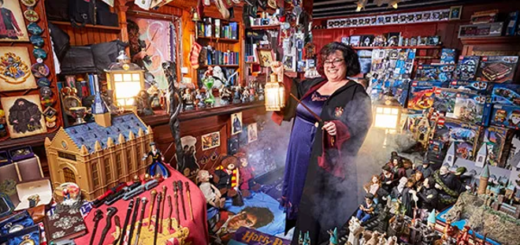 Tracey Nicol-Lewis poses with her collection of Harry Potter memorabilia for Guinness World Records.