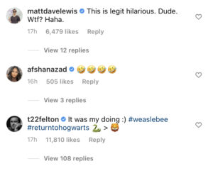 A screen shot of comments from Matthew Lewis, Tom Felton, and Afshan Azad on Oliver Phelps's Instagram post.
