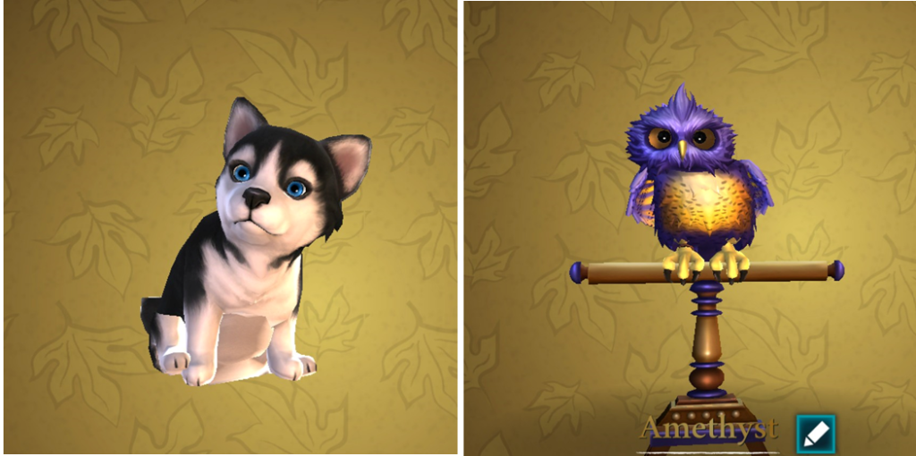 New Husky Cruppy and purple owlet pet looks in "Harry Potter: Hogwarts Mystery"