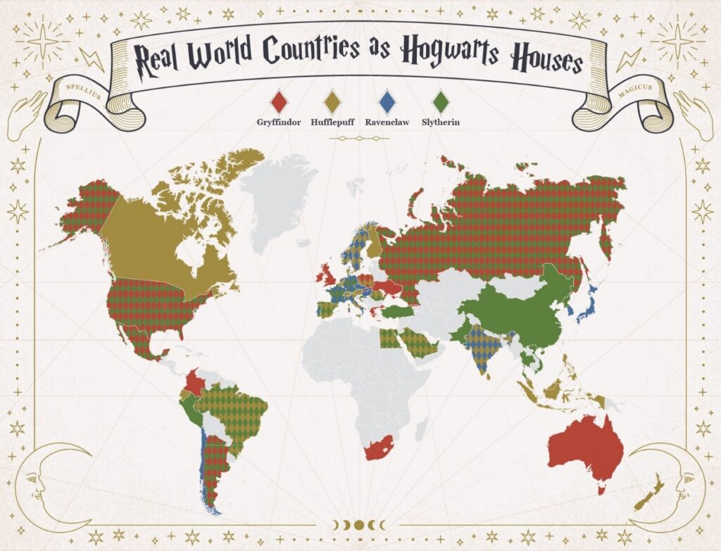 Countries around the world are displayed on a map in relation to their Hogwarts Houses, based on a study by retailer Lost Universe.