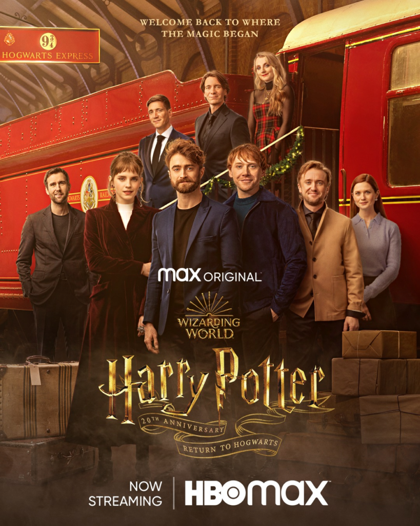 A promotional poster for "Harry Potter 20th Anniversary: Return to Hogwarts" shows members of the "Harry Potter" cast posing with the Hogwarts Express.