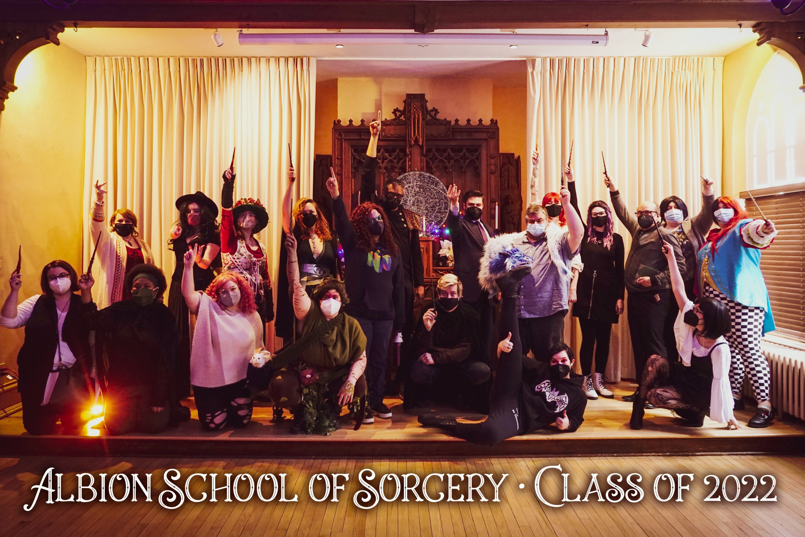 A class portrait of the 2022 participants at Albion School of Sorcery LARP event by Moonrise Games