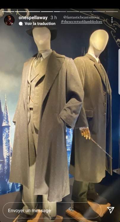 A photograph of Albus Dumbledore’s and Gellert Grindelwald’s costumes from “Secrets of Dumbledore,” on display at Warner Bros. Studio Tour London, is shown in a screenshot of an Instagram story from @onespellaway. Photography by @hopeocean.