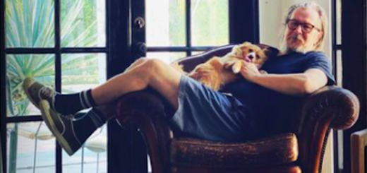 Gary Oldman poses on an arm chair with a puppy on his lap.