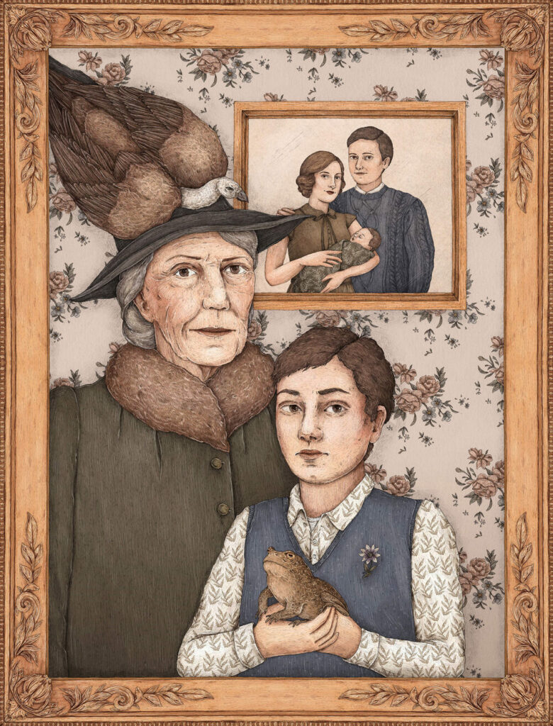 Artwork of Neville and Augusta Longbottom with a portrait of Frank and Alice behind them